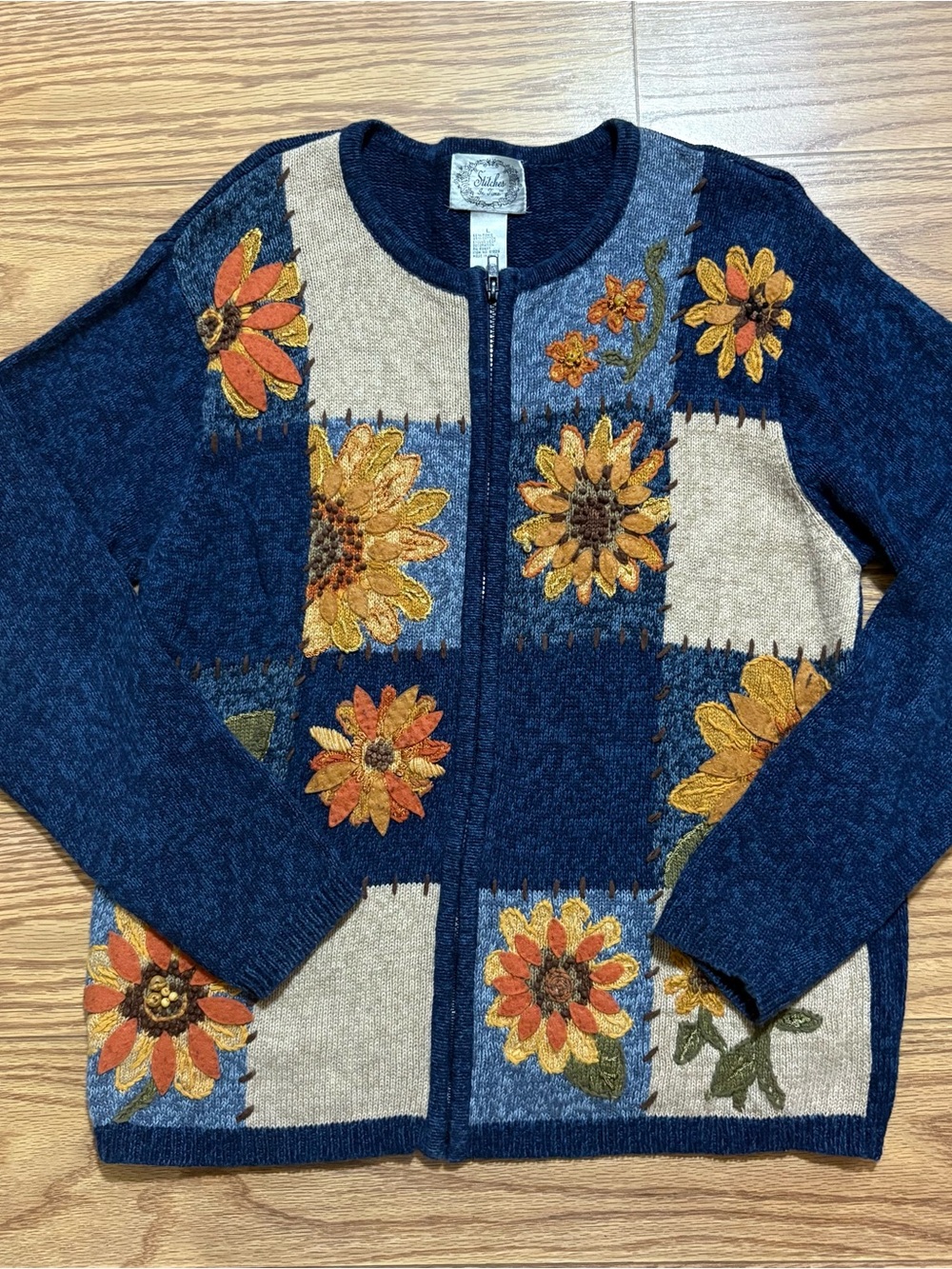 Vintage Stitches in Time Sunflower Knit Cardigan Sweater Large Grannycore